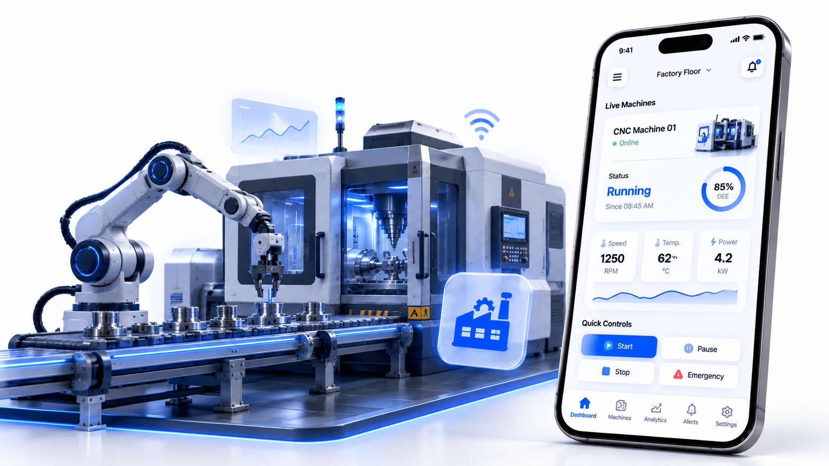 Controlling factory machines from a phone